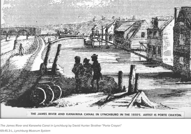 Nineteenth-century engraving of the James River and Kanawha Canal in Lynchburg in the 1850s, with three figures standing on the canal bank, by David Hunter Strother (“Porte Crayon”).