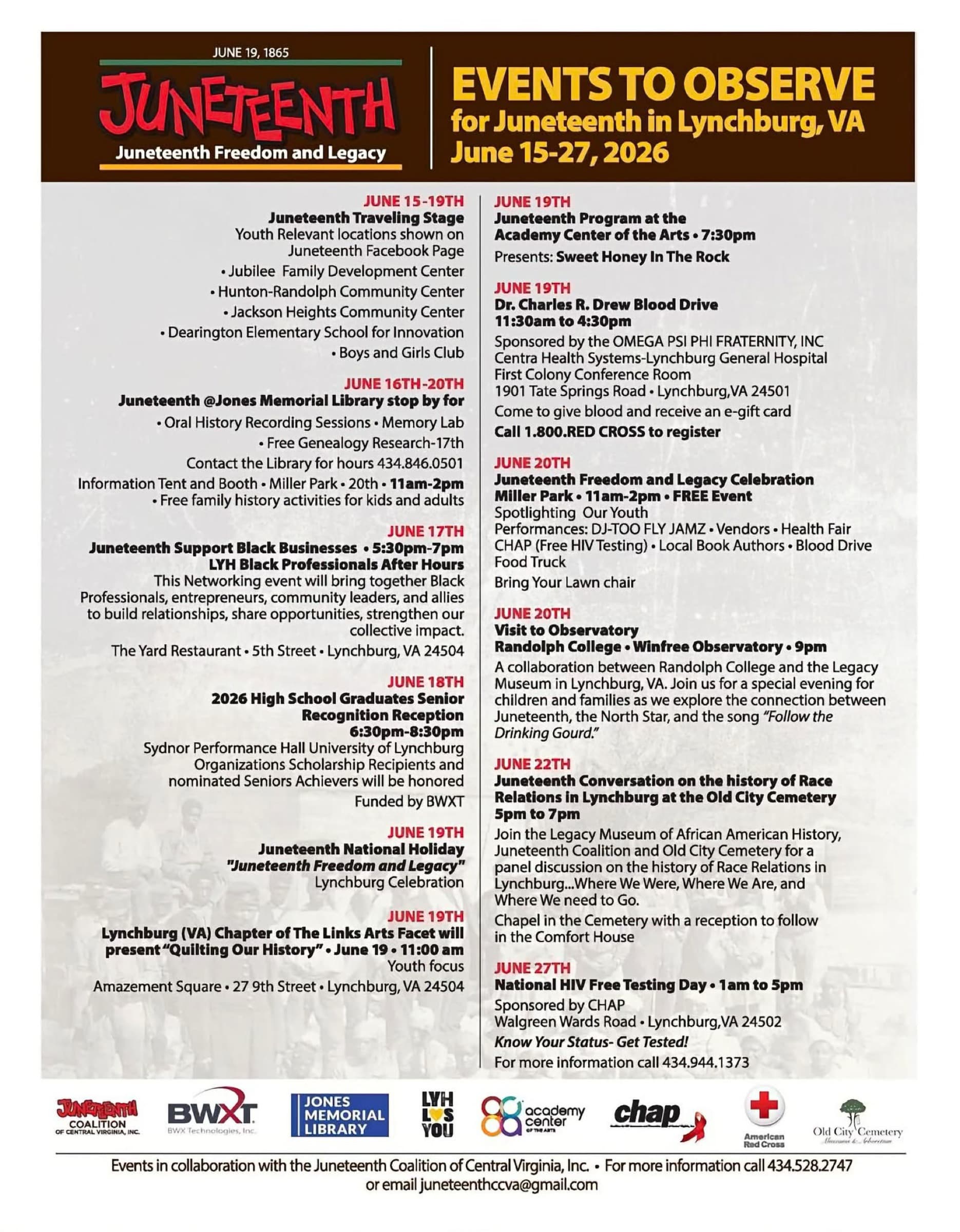 Flyer from the Legacy Museum in Lynchburg listing local Juneteenth activities and events.