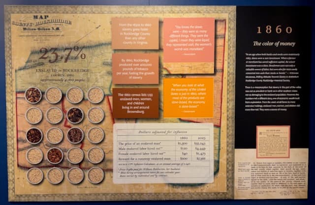 Brownsburg Museum exhibit panel titled “1860 — The color of money,” documenting the economy of slavery in Rockbridge County, with tobacco samples and a runaway-reward notice.
