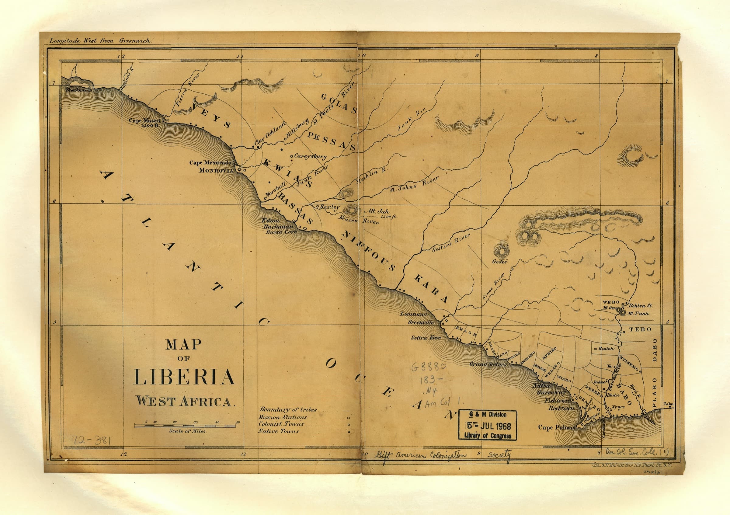 A mid-1850s map of Liberia showing settler towns and indigenous regions