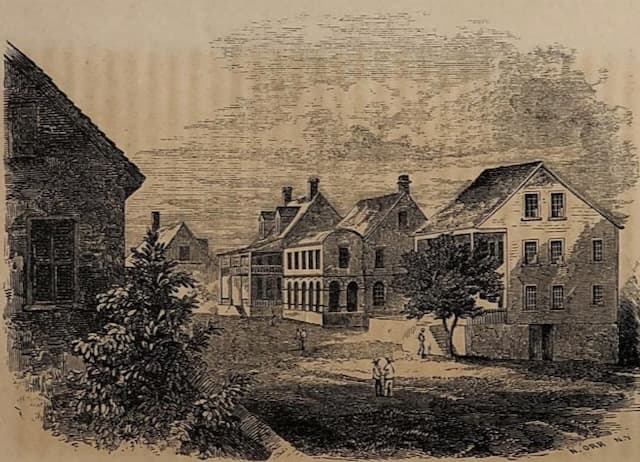 Engraving of houses in Monrovia in the mid-1850s, including the Liberian president's home